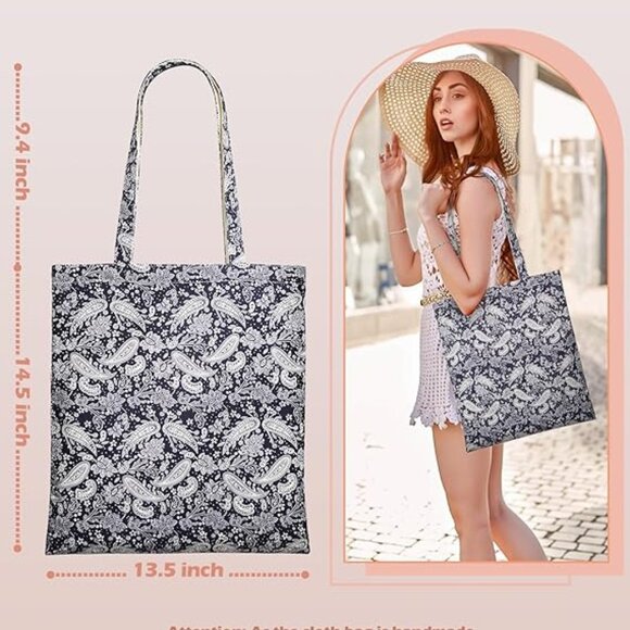 Canvas Tote Bag Dark Blue Retro Flower Dual Handled Reusable Women's Cloth NEW - Picture 2 of 9